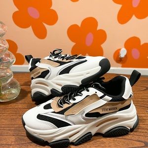 Steve Madden white, black, and tan color sneakers, brand new NO BOX